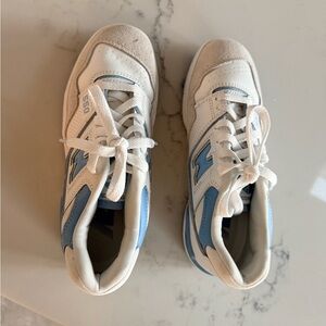 New Balance White and Light Blue Sneakers